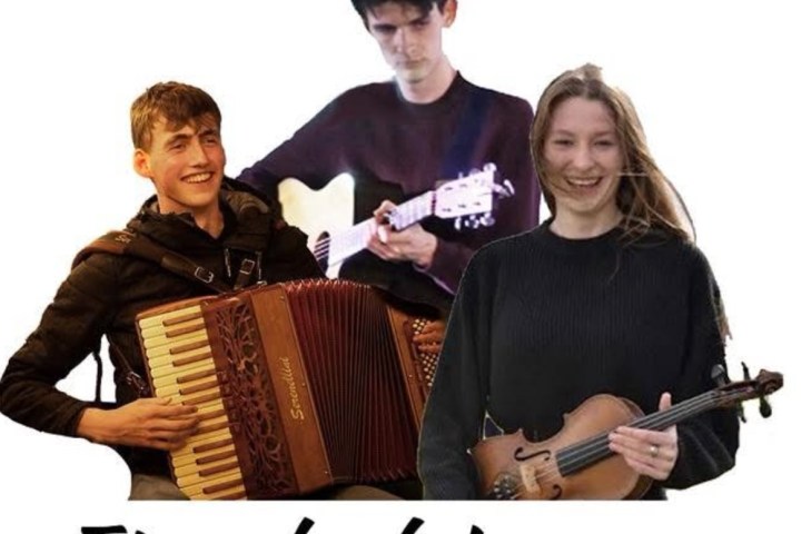 Three band members with instruments: accordion, guitar, and violin.